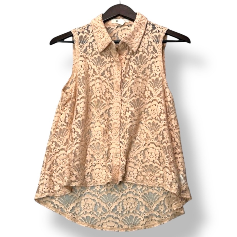 Womens Lace Sleeveless Blouse Peach M Sheer Romantic Soft Girl Top Coquette